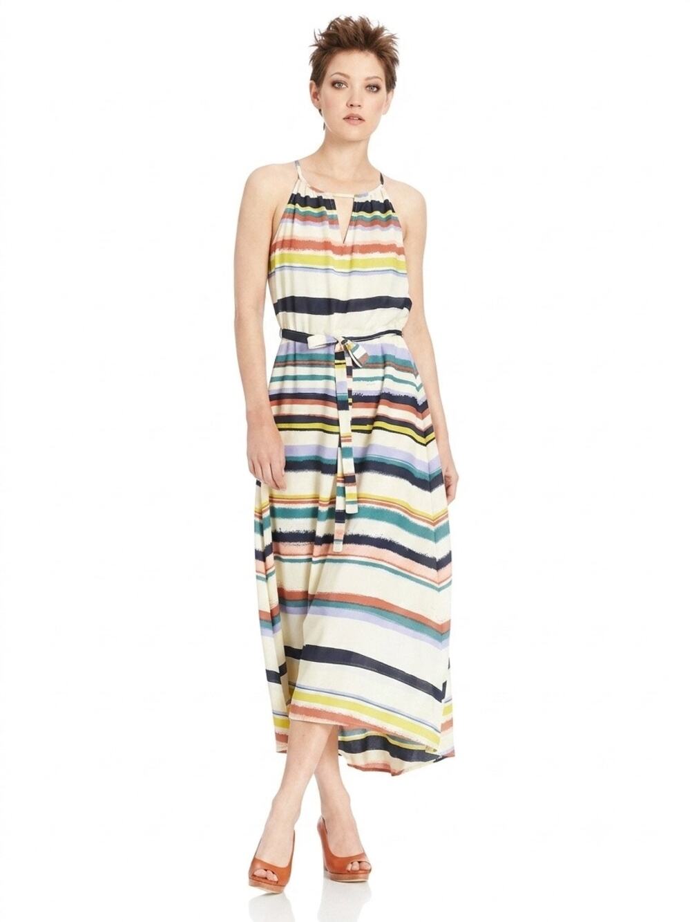 Bar III Women's Multicolor Striped Halter Neck High-Low Maxi Dress Size M